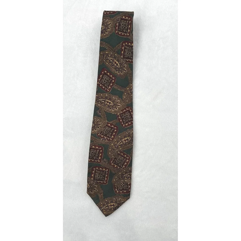 Robert Talbott Carmel Necktie Paisley Square Olive Green Burgundy‎ Silk Tie